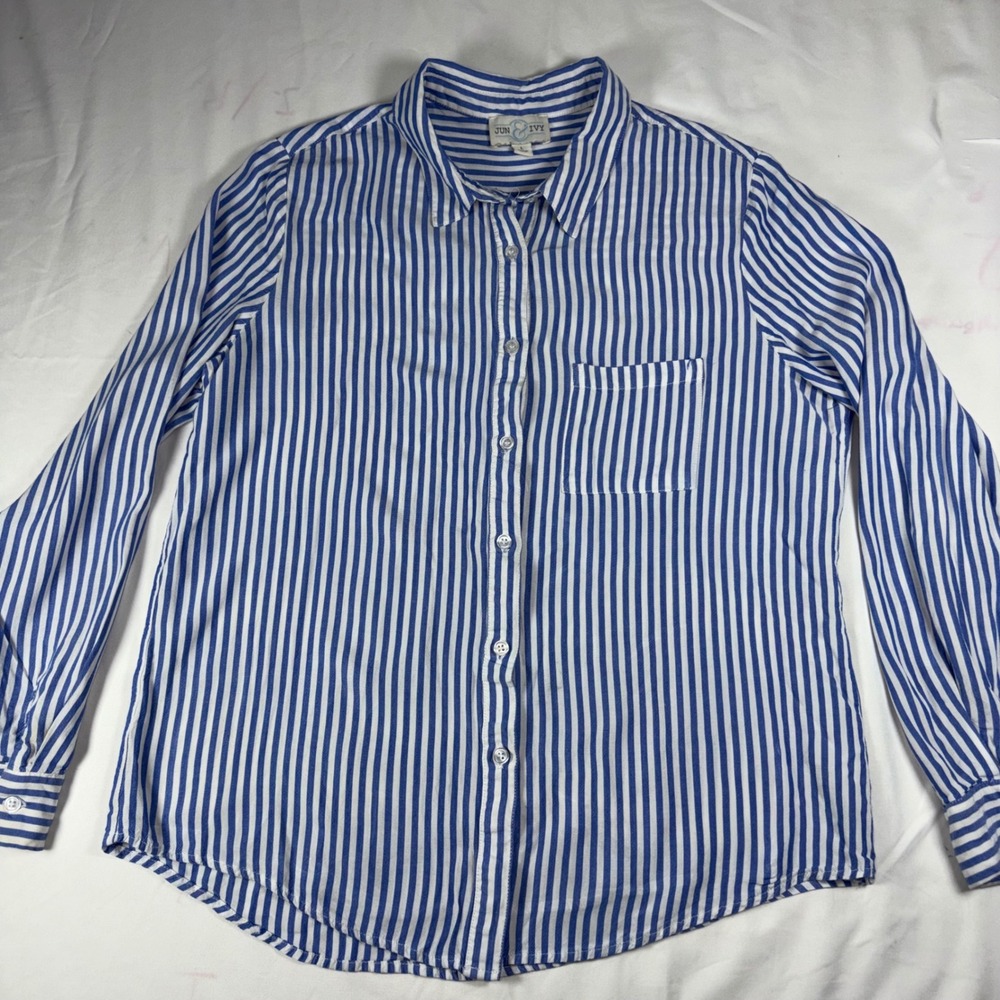 Jun & Ivy Blue White Striped Button Down Shirt Rayon Long Sleeve Pocket Large